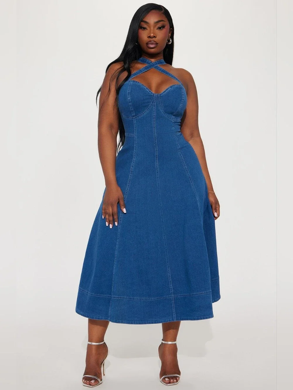Fashion Nova GIDDY UP Denim Midi Maxi Dress SZ LG - Picture 5 of 9